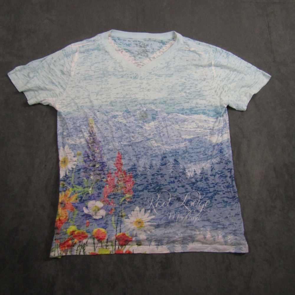 Blue 84 V-Neck T-Shirt Women XL Blue Red Lodge Montana Wildflower Burnout Tee